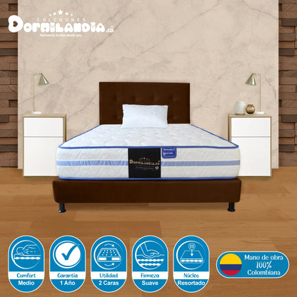 Mega Combo Colchón Resortado Caribe + Base Cama + Cabecero + Almohadas