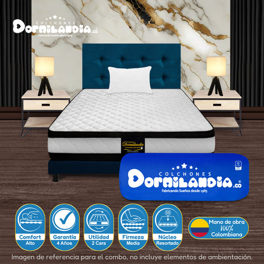 Mega Combo Colchón Atenas Resortado Enrollado En Tula Confortable + Base Cama + Cabecero + Almohadas