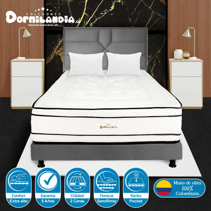 Mega Combo Colchón Pocket Infinity + Base Cama + Cabecero + Almohadas