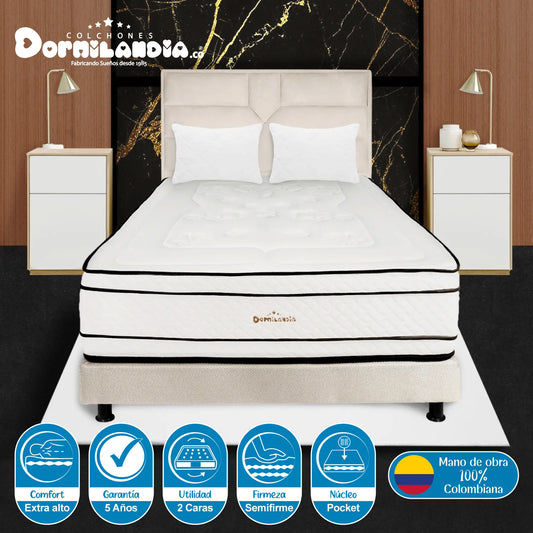 Mega Combo Colchón Pocket Infinity + Base Cama + Cabecero + Almohadas