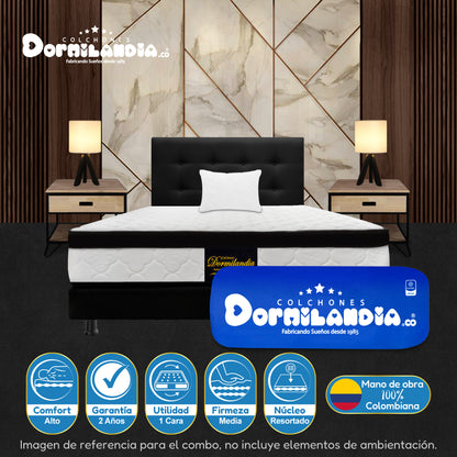 Mega Combo Colchón Resortado Versalles Enrollado En Tula Confortable + Base Cama + Cabecero + Almohadas