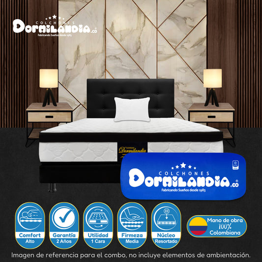 Mega Combo Colchón Resortado Versalles Enrollado En Tula Confortable + Base Cama + Cabecero + Almohadas