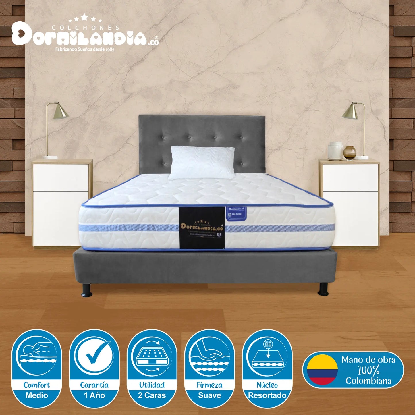 Mega Combo Colchón Resortado Caribe + Base Cama + Cabecero + Almohadas