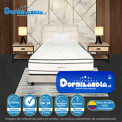 Mega Combo Colchón Pocket Infinity Enrollado En Tula Confortable + Base Cama + Cabecero + Almohadas