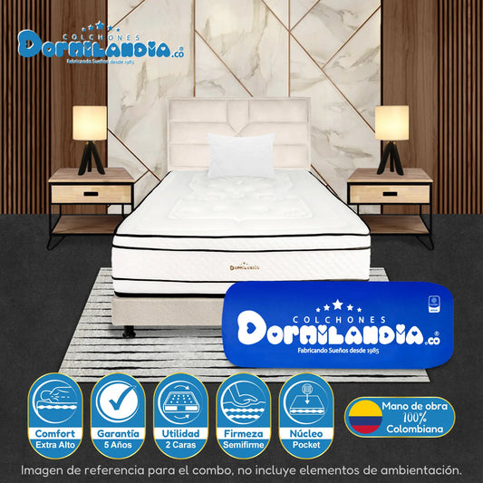 Mega Combo Colchón Pocket Infinity Enrollado En Tula Confortable + Base Cama + Cabecero + Almohadas