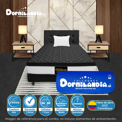 Mega combo Colchón Resortado Dublín Enrollado En Tula Confortable + Base Cama + Cabecero + Almohadas