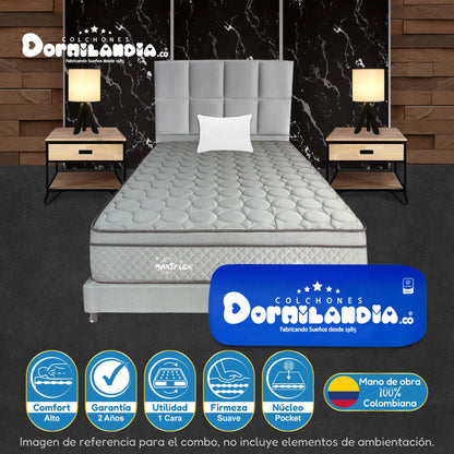 Mega Combo Colchón Pocket Maxiflex Enrollado En Tula Confortable + Base Cama + Cabecero + Almohadas