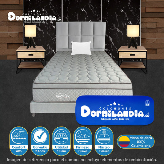 Mega Combo Colchón Pocket Maxiflex Enrollado En Tula Confortable + Base Cama + Cabecero + Almohadas
