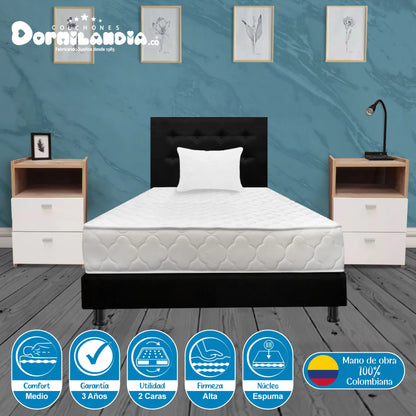 Mega Combo Colchón Espumado Ultraflex + Base Cama + Cabecero + Almohadas
