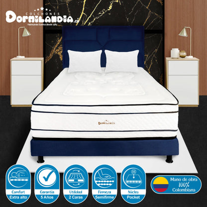 Mega Combo Colchón Pocket Infinity + Base Cama + Cabecero + Almohadas
