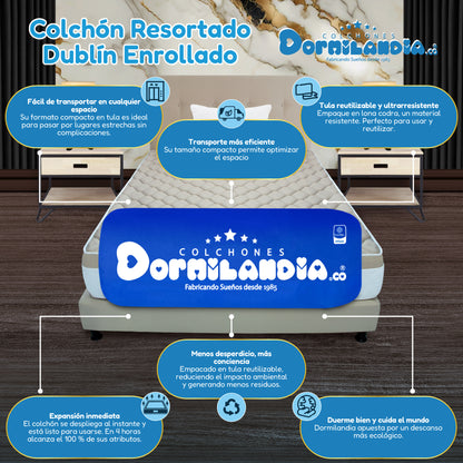 Mega combo Colchón Resortado Dublín Enrollado En Tula Confortable + Base Cama + Cabecero + Almohadas