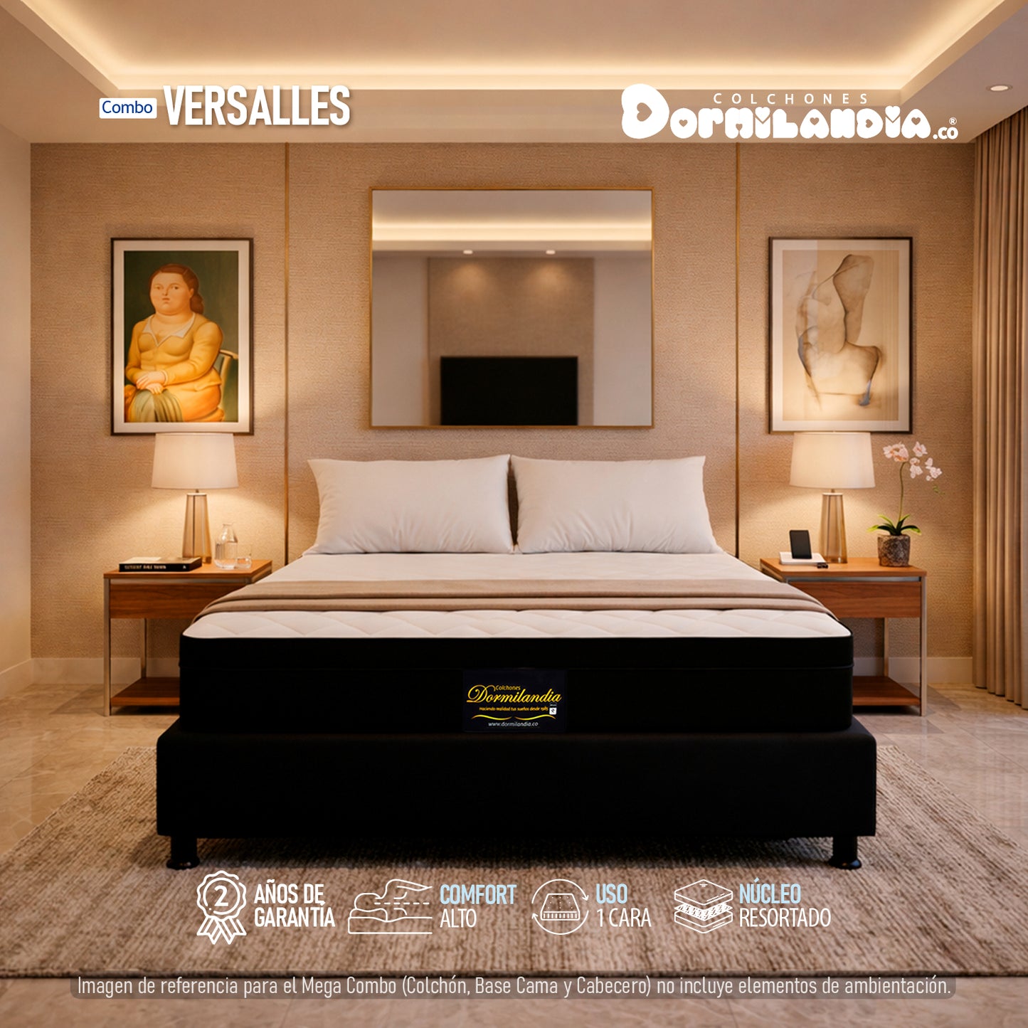 Combo Colchón Versalles Resortado Enrollado En Tula Confortable + Base Cama + Almohadas