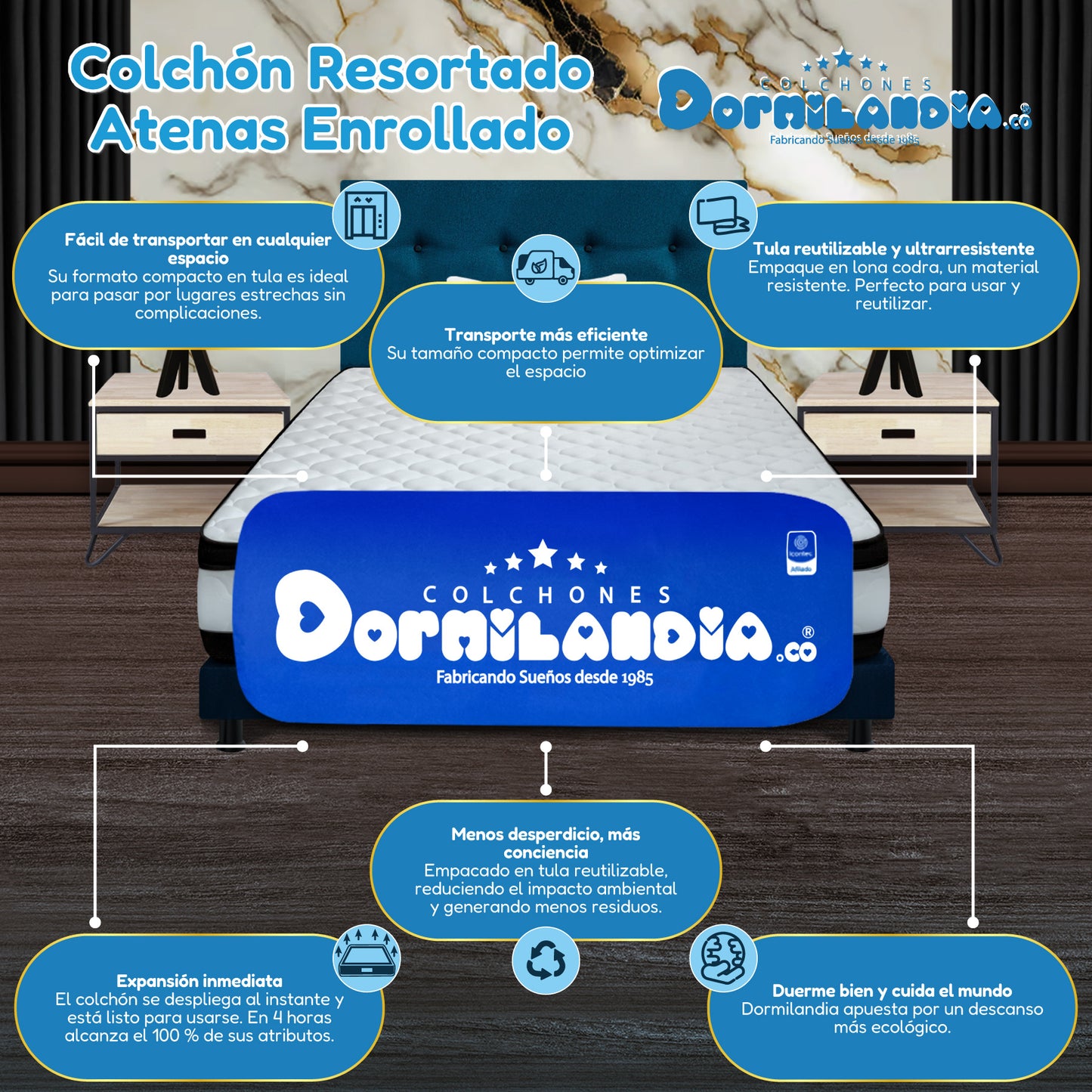 Mega Combo Colchón Resortado Atenas Enrollado En Tula Confortable + Base Cama + Cabecero + Almohadas