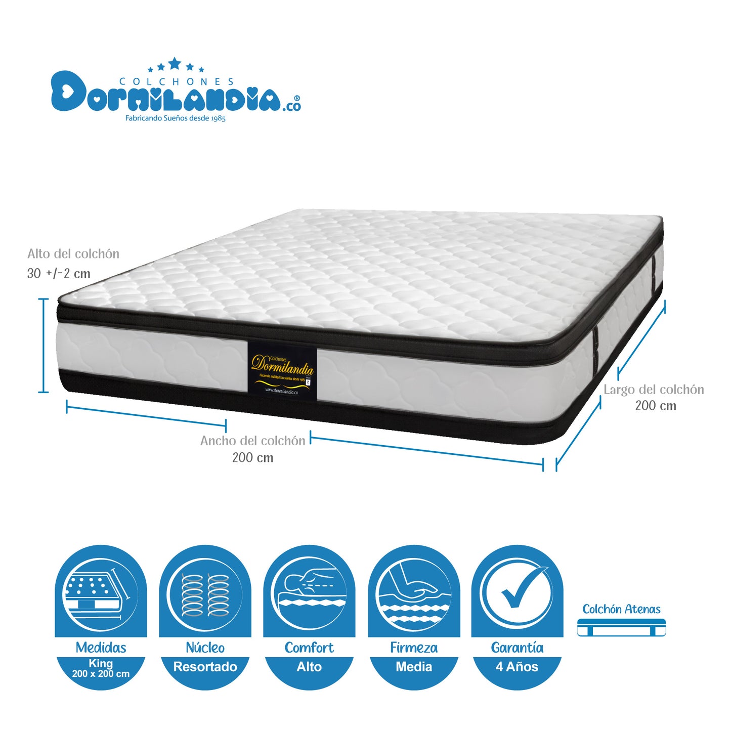 Mega Combo Colchón Resortado Atenas + Base Cama + Cabecero + Almohadas