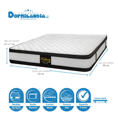 Mega Combo Colchón Espumado Malta + Base Cama + Cabecero + Almohadas