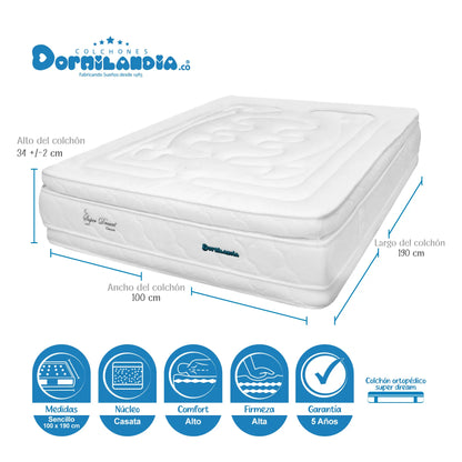Mega Combo Colchón Resortado Super Dream Plus + Base Cama + Cabecero + Almohadas