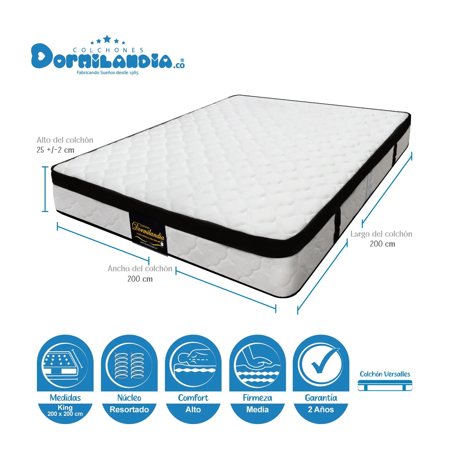 Mega Combo Colchón Resortado Versalles + Base Cama + Cabecero + Almohadas