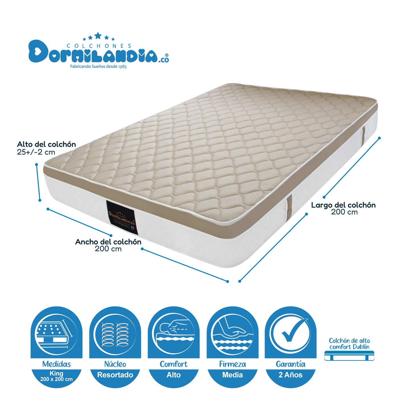 Mega Combo Colchón Resortado Dublín + Base Cama + Cabecero + Almohadas