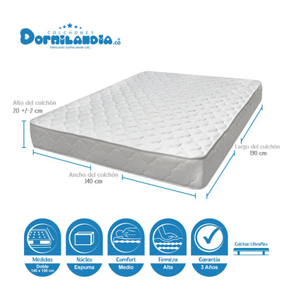 Mega Combo Colchón Espumado Ultraflex + Base Cama + Cabecero + Almohadas