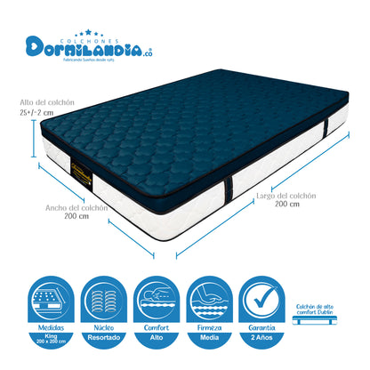 Mega Combo Colchón Resortado Dublín + Base Cama + Cabecero + Almohadas