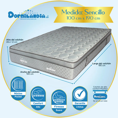 Mega Combo Colchón Pocket Maxiflex Enrollado En Tula Confortable + Base Cama + Cabecero + Almohadas