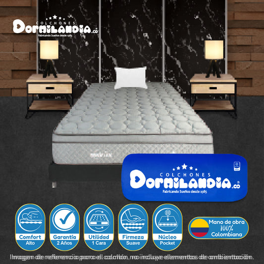 Combo Colchón Maxiflex Pocket Enrollado En Tula Confortable + Base Cama + Almohadas