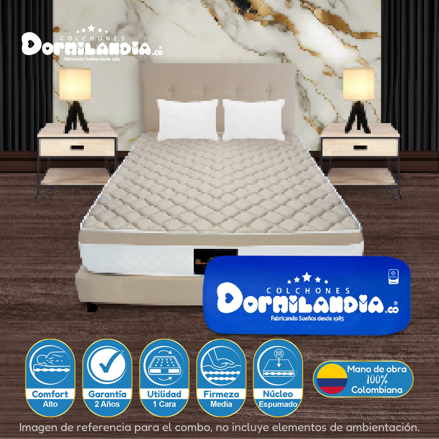Mega combo Colchón Dublín Resortado Enrollado En Tula Confortable + Base Cama + Cabecero + Almohadas