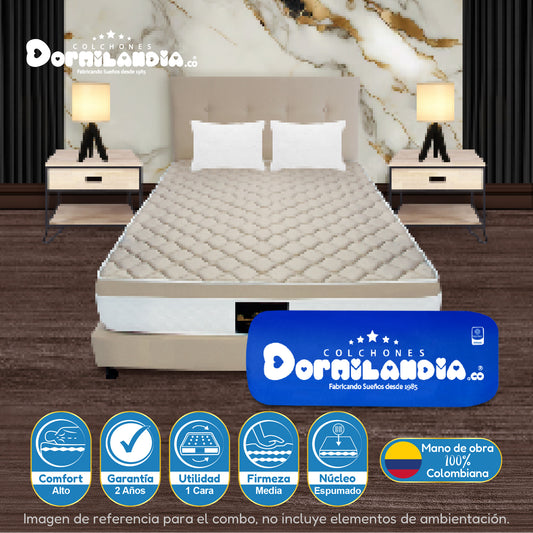 Mega combo Colchón Dublín Resortado Enrollado En Tula Confortable + Base Cama + Cabecero + Almohadas