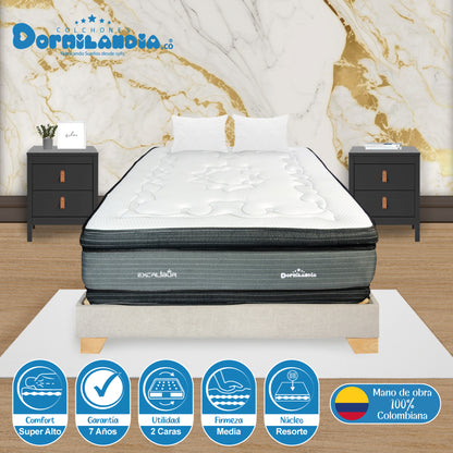 Combo Colchón Excalibur Resortado + Base Cama + Almohadas