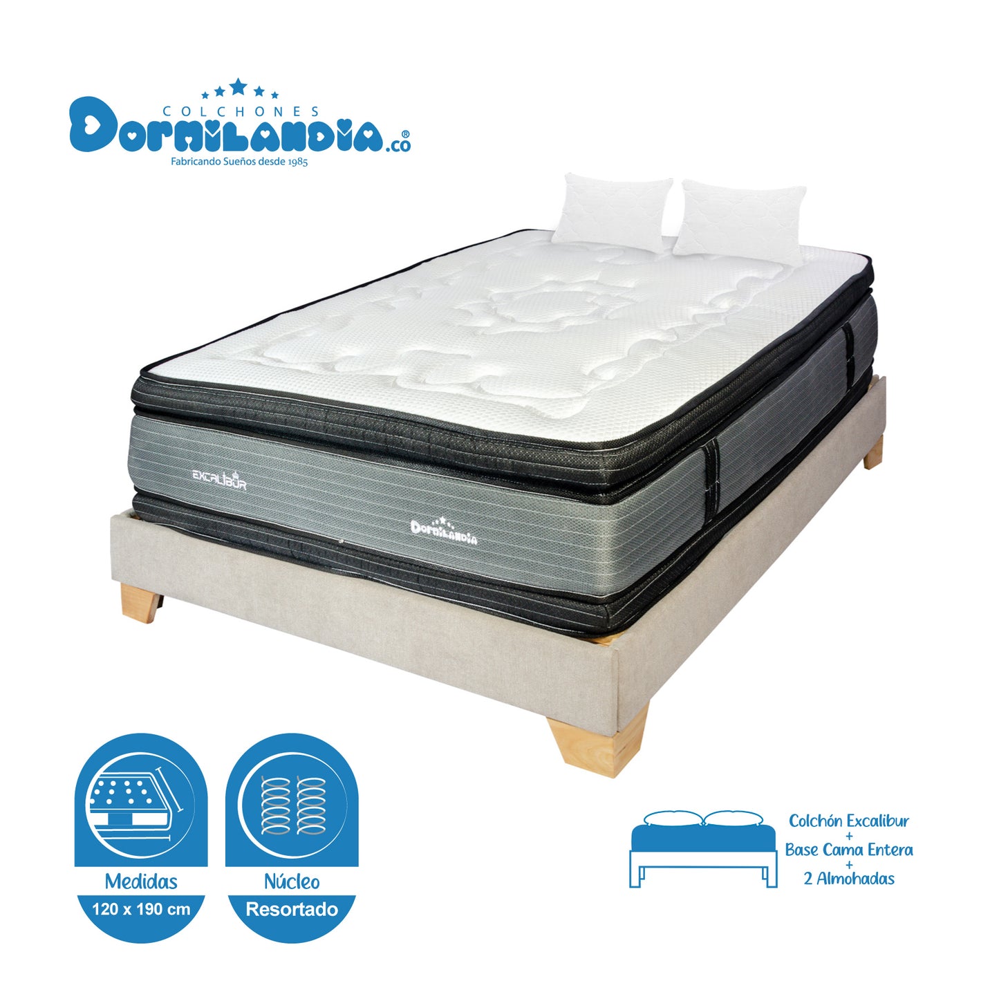 Combo Colchón Excalibur Resortado + Base Cama + Almohadas