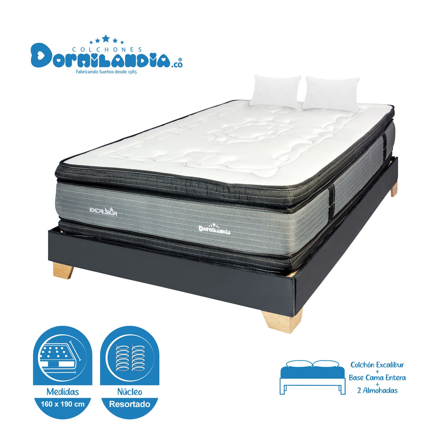 Combo Colchón Excalibur Resortado + Base Cama + Almohadas