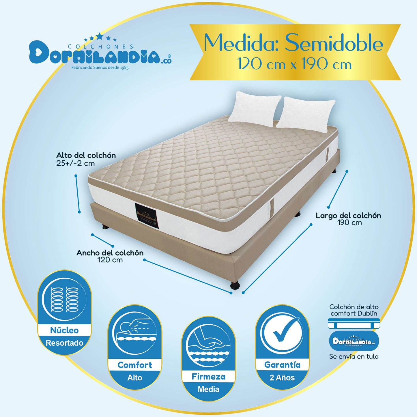 Combo Colchón Dublín Resortado Enrollado En Tula Confortable +Base Cama + Almohadas
