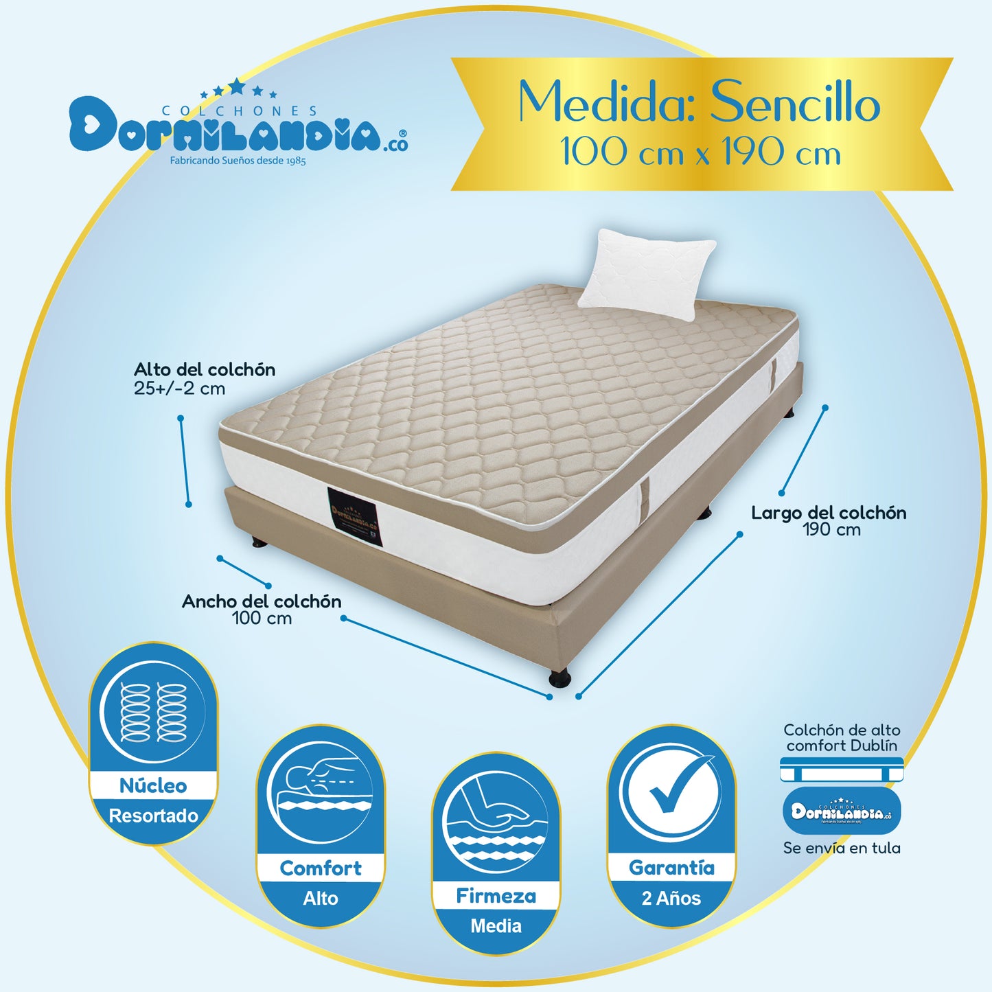 Combo Colchón Dublín Resortado Enrollado En Tula Confortable +Base Cama + Almohadas