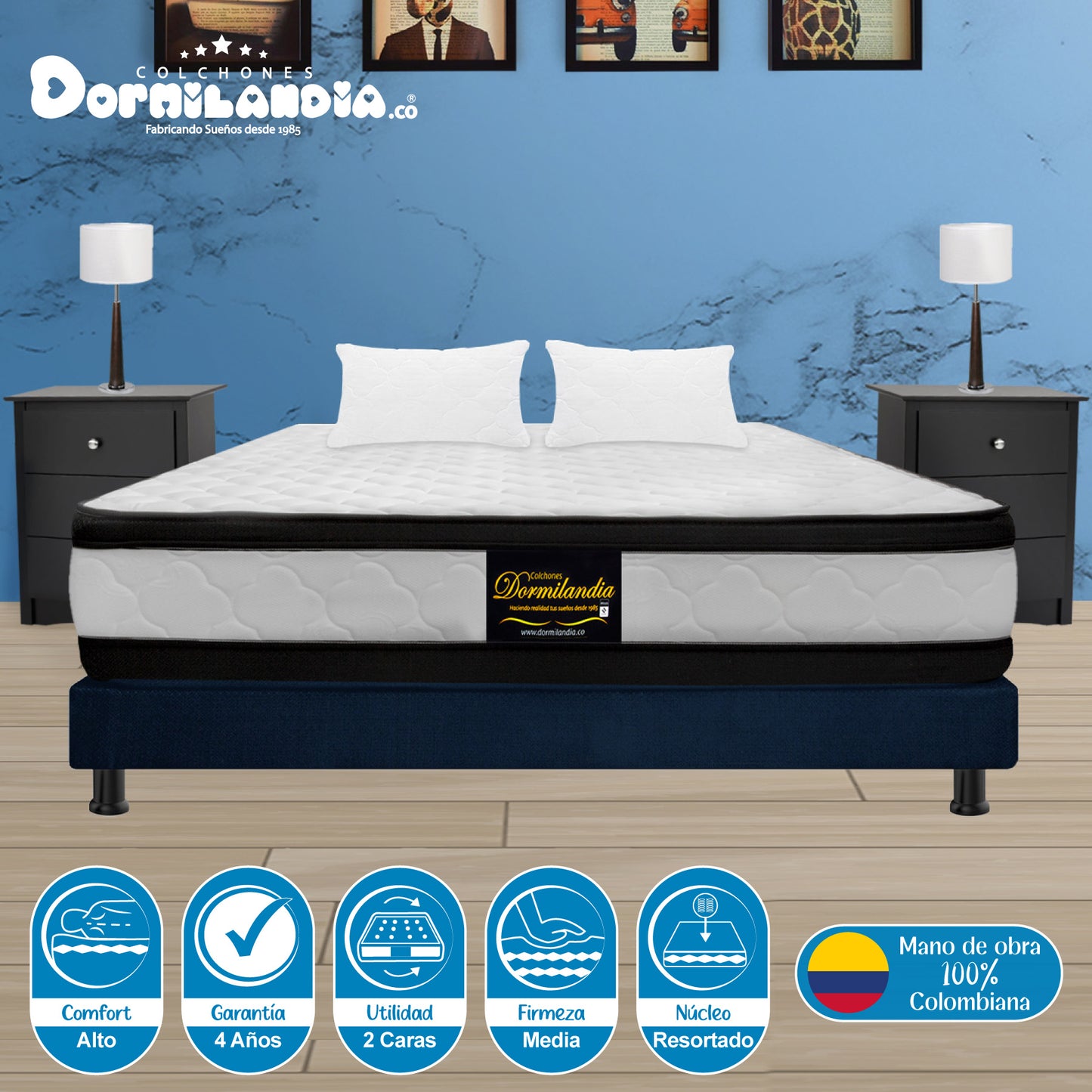Combo Colchón King Atenas Resortado + Base Cama + Almohadas