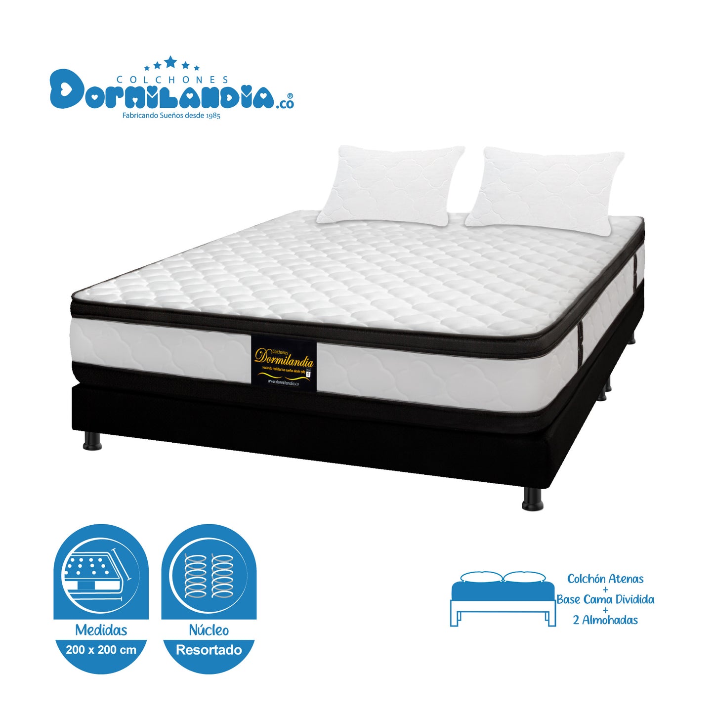 Combo Colchón King Atenas Resortado + Base Cama + Almohadas
