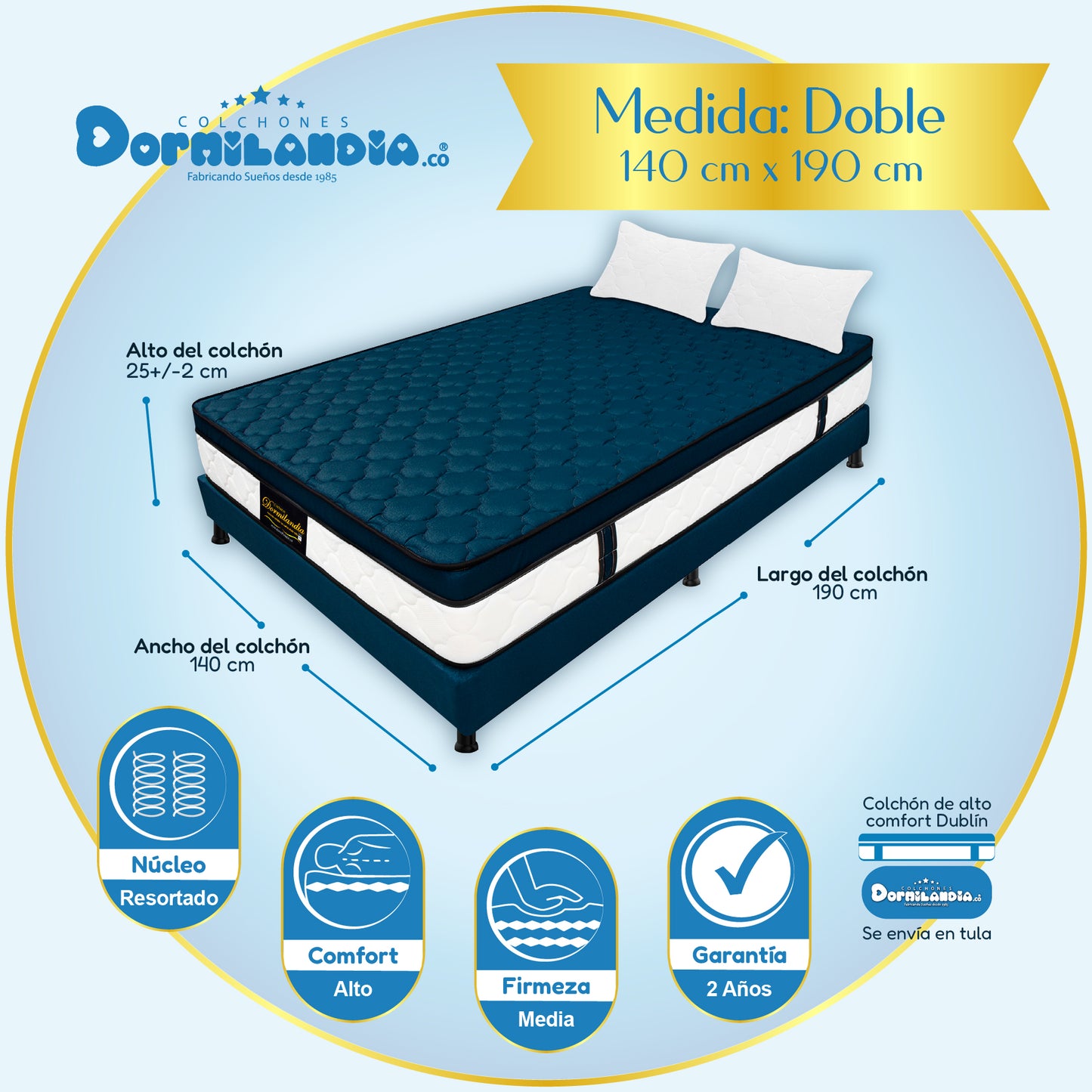 Combo Colchón Dublín Resortado Enrollado En Tula Confortable +Base Cama + Almohadas
