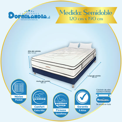Combo Colchón Infinity Pocket Enrollado En Tula Confortable + Base Cama + Almohadas