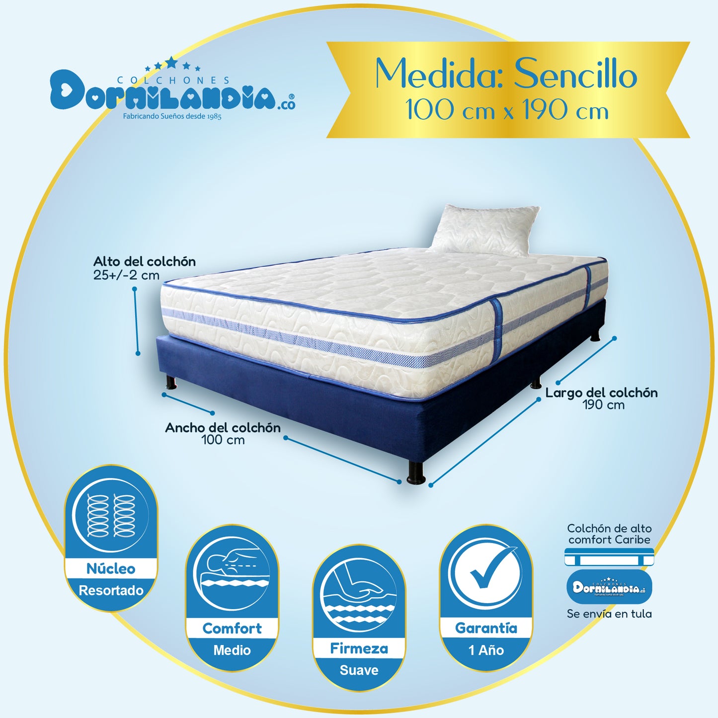 Combo Colchón Caribe Resortado Enrollado + Base Cama+ Almohadas