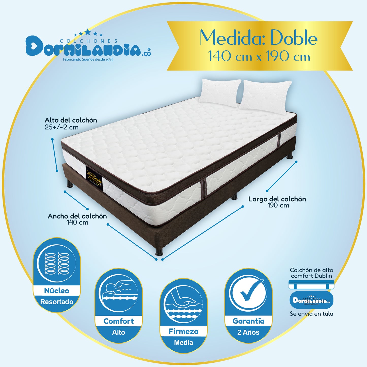 Combo Colchón Dublín Resortado Enrollado En Tula Confortable +Base Cama + Almohadas