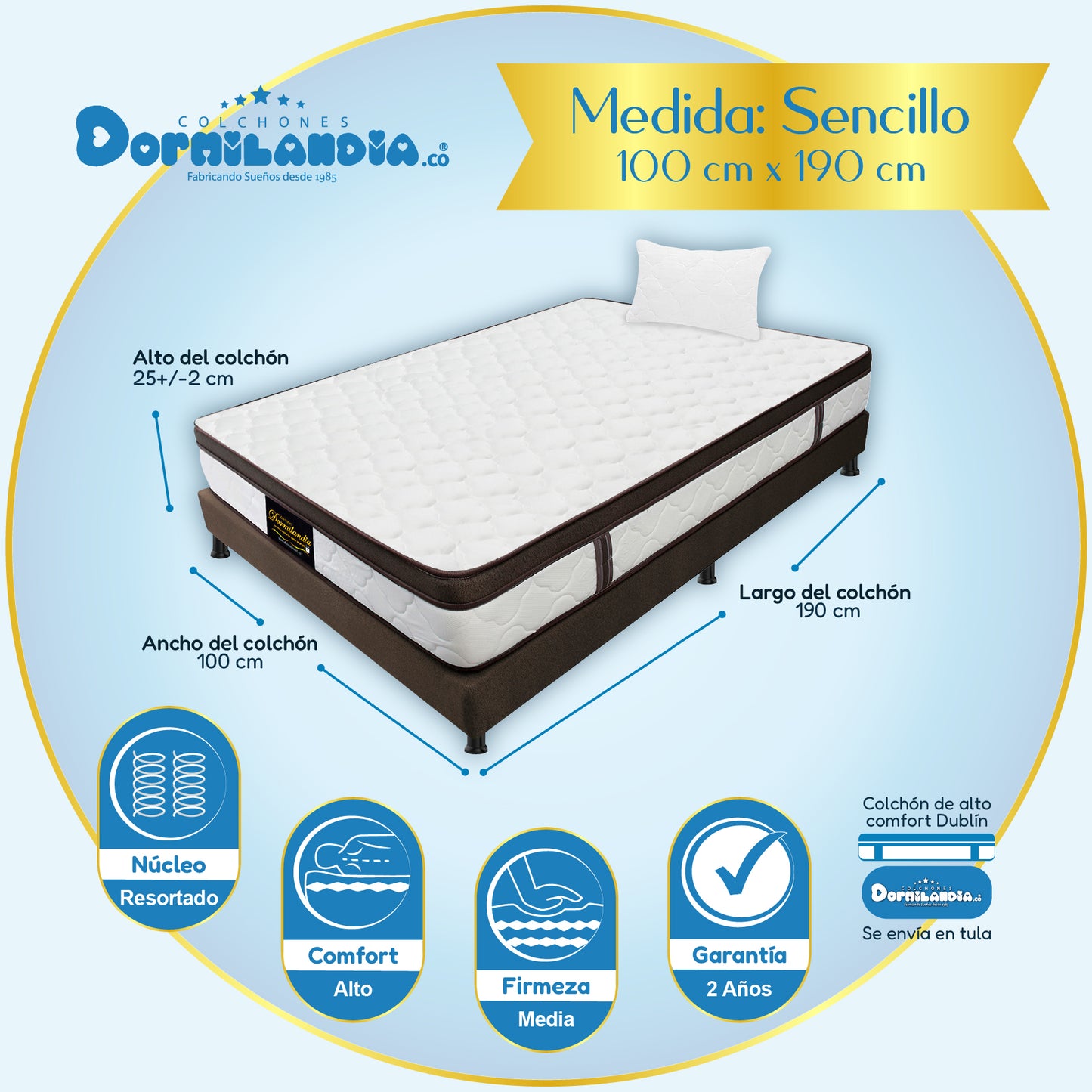 Combo Colchón Dublín Resortado Enrollado En Tula Confortable +Base Cama + Almohadas