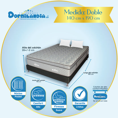 Combo Colchón Maxiflex Pocket Enrollado En Tula Confortable + Base Cama + Almohadas
