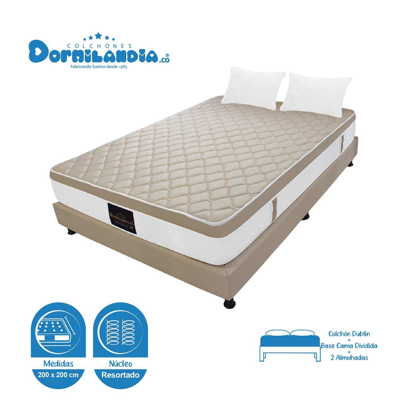 Combo Colchón King Dublín Resortado + Base Cama + Almohadas