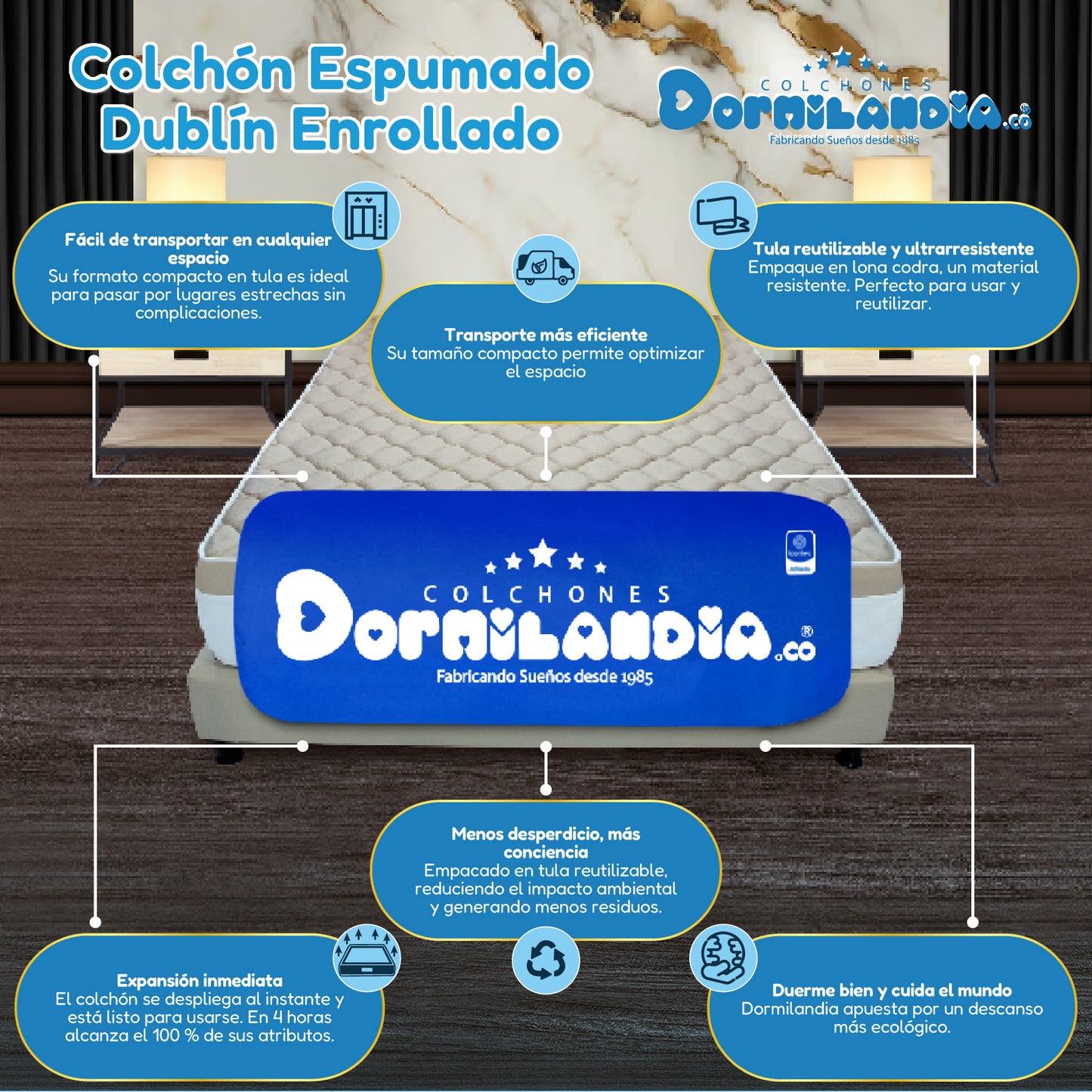 Combo Dublín Espumado Enrollado en Tula Confortable + Base cama + Almohada