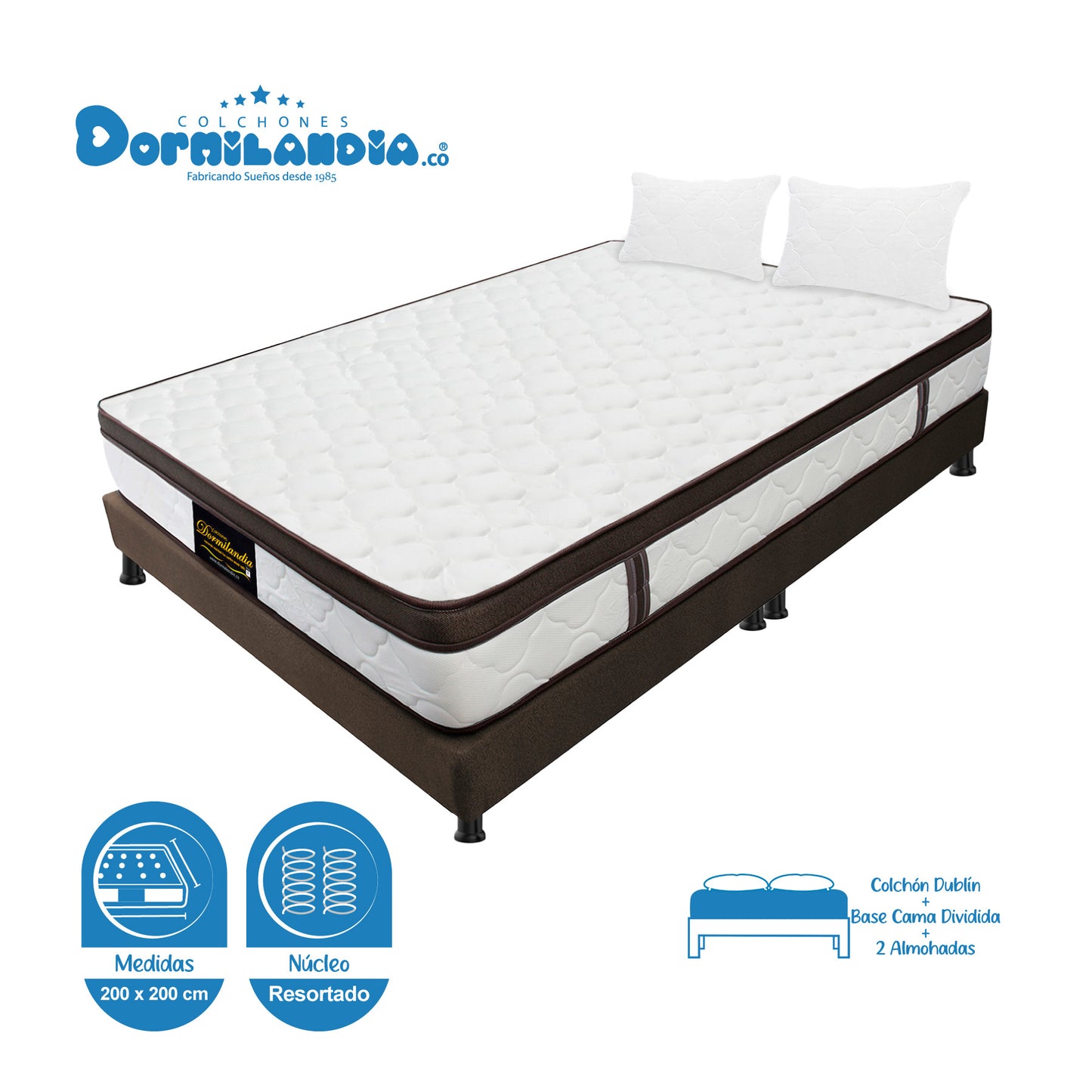 Combo Colchón King Dublín Resortado + Base Cama + Almohadas