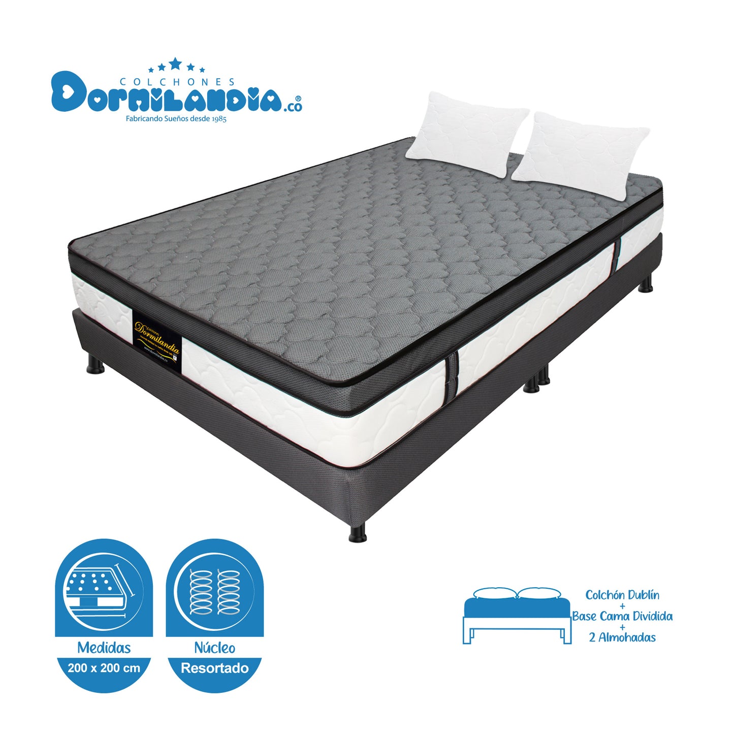 Combo Colchón King Dublín Resortado + Base Cama + Almohadas