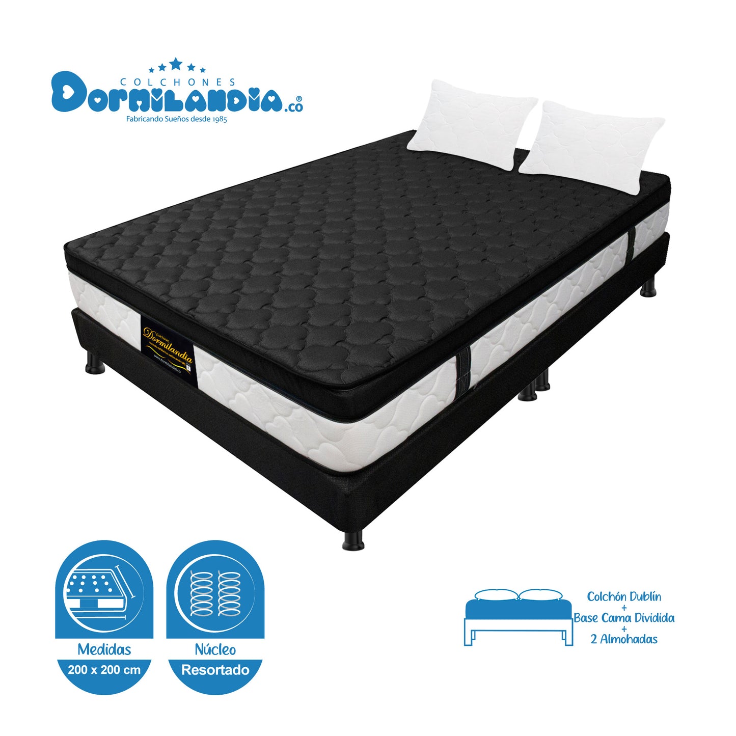Combo Colchón King Dublín Resortado + Base Cama + Almohadas