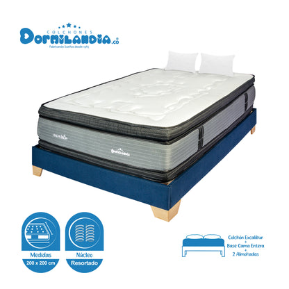 Combo Colchón Excalibur Resortado + Base Cama + Almohadas