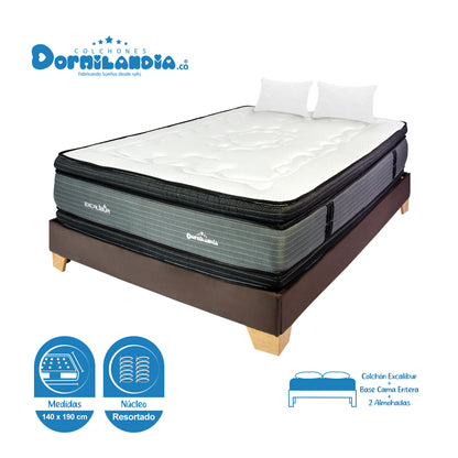 Combo Colchón Excalibur Resortado + Base Cama + Almohadas