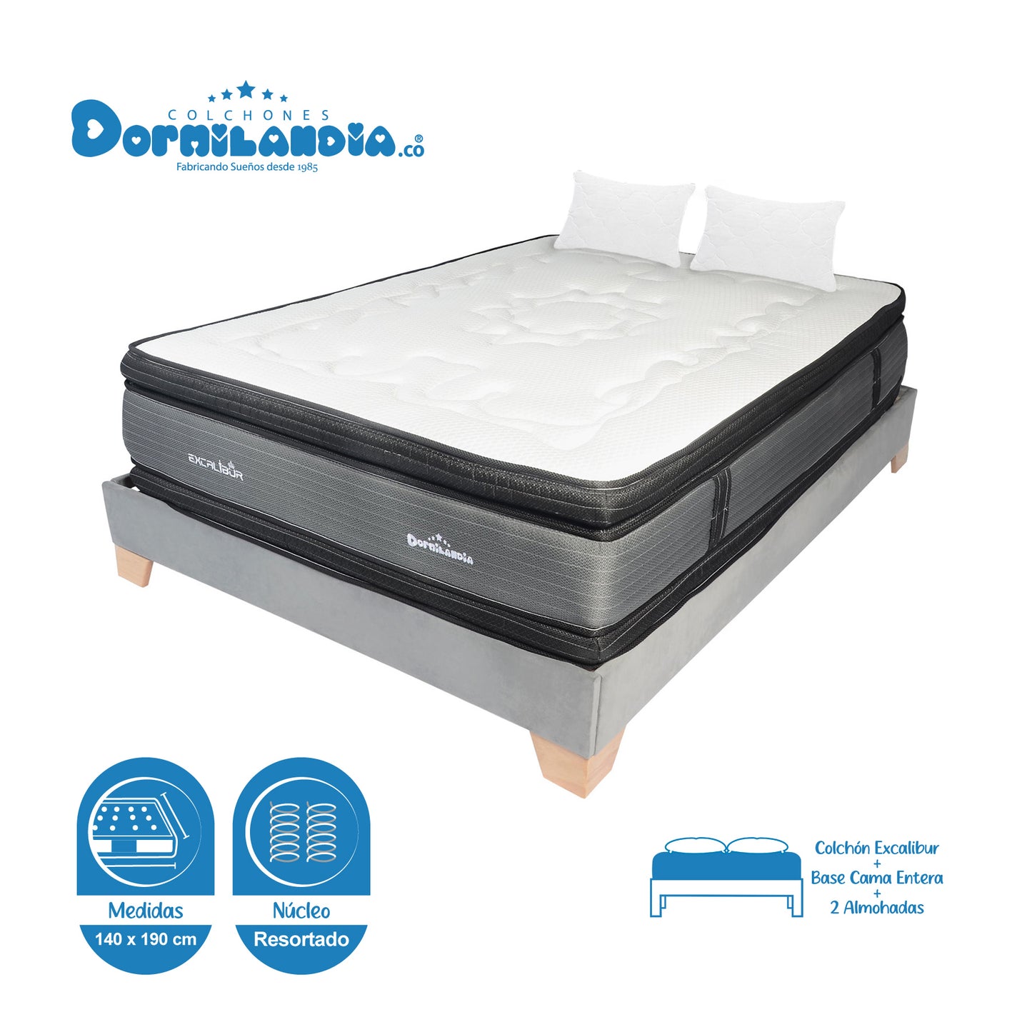 Combo Colchón Excalibur Resortado + Base Cama + Almohadas