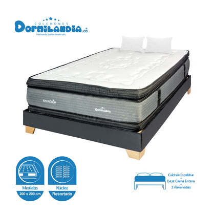 Combo Colchón Excalibur Resortado + Base Cama + Almohadas